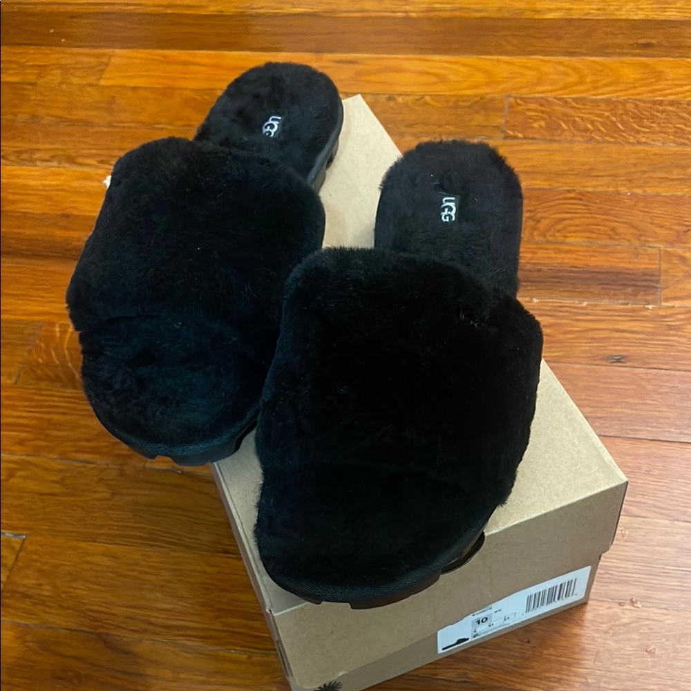 UGG Black Fuzzy Slippers